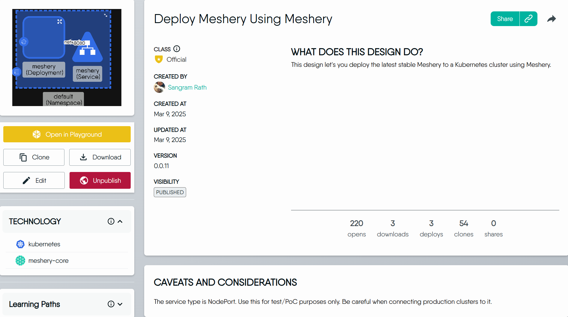 The detail view of a catalog design showing class, author, dates, version, visibility, and usage counters