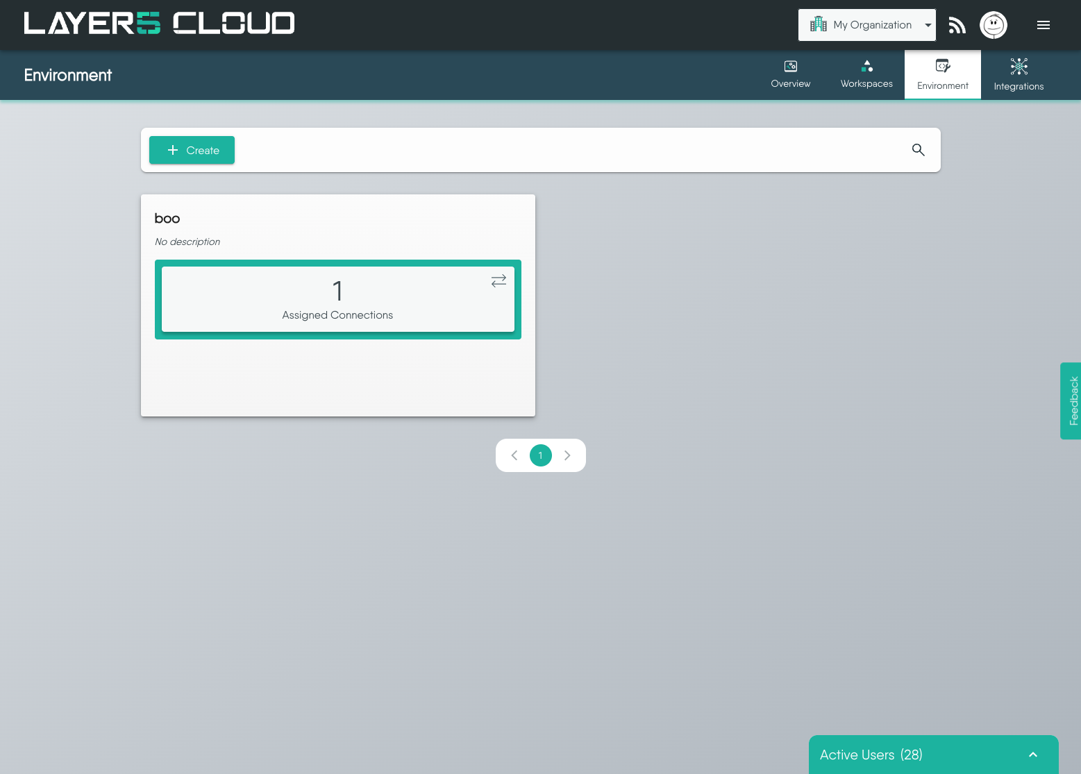 The Environments page, showing an environment card with its name, its “No description” placeholder and the Assigned Connections tile, above the pagination control