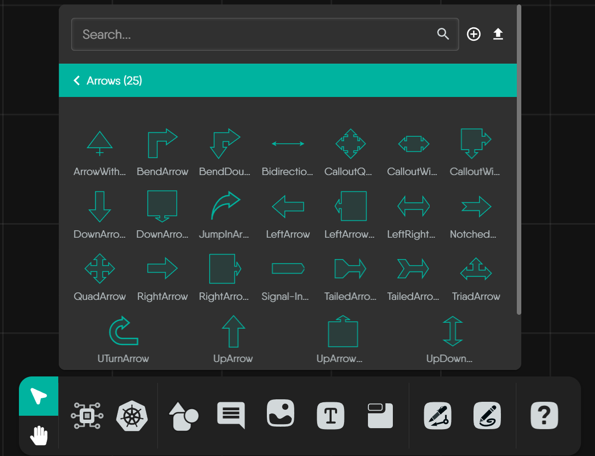 The Arrows palette in Kanvas, showing static arrow shapes