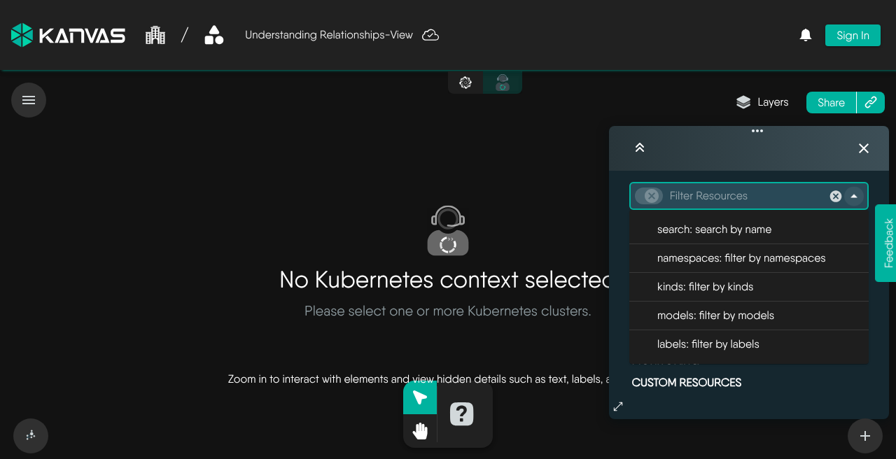 Operator Filter Resources menu listing search, namespaces, kinds, models, and labels