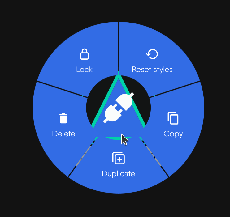 The circular context menu open on a selected object in Kanvas Designer, with Lock, Reset styles, Copy, Duplicate and Delete around the object