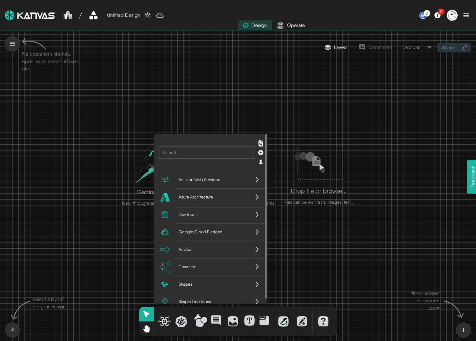 The shapes tool open in Kanvas Designer, listing the available shape libraries