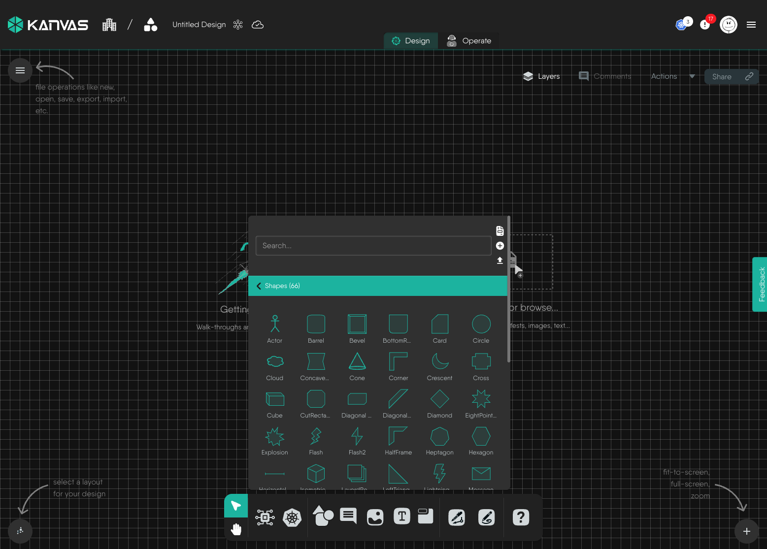 The built-in Shapes library expanded, showing 66 shape primitives