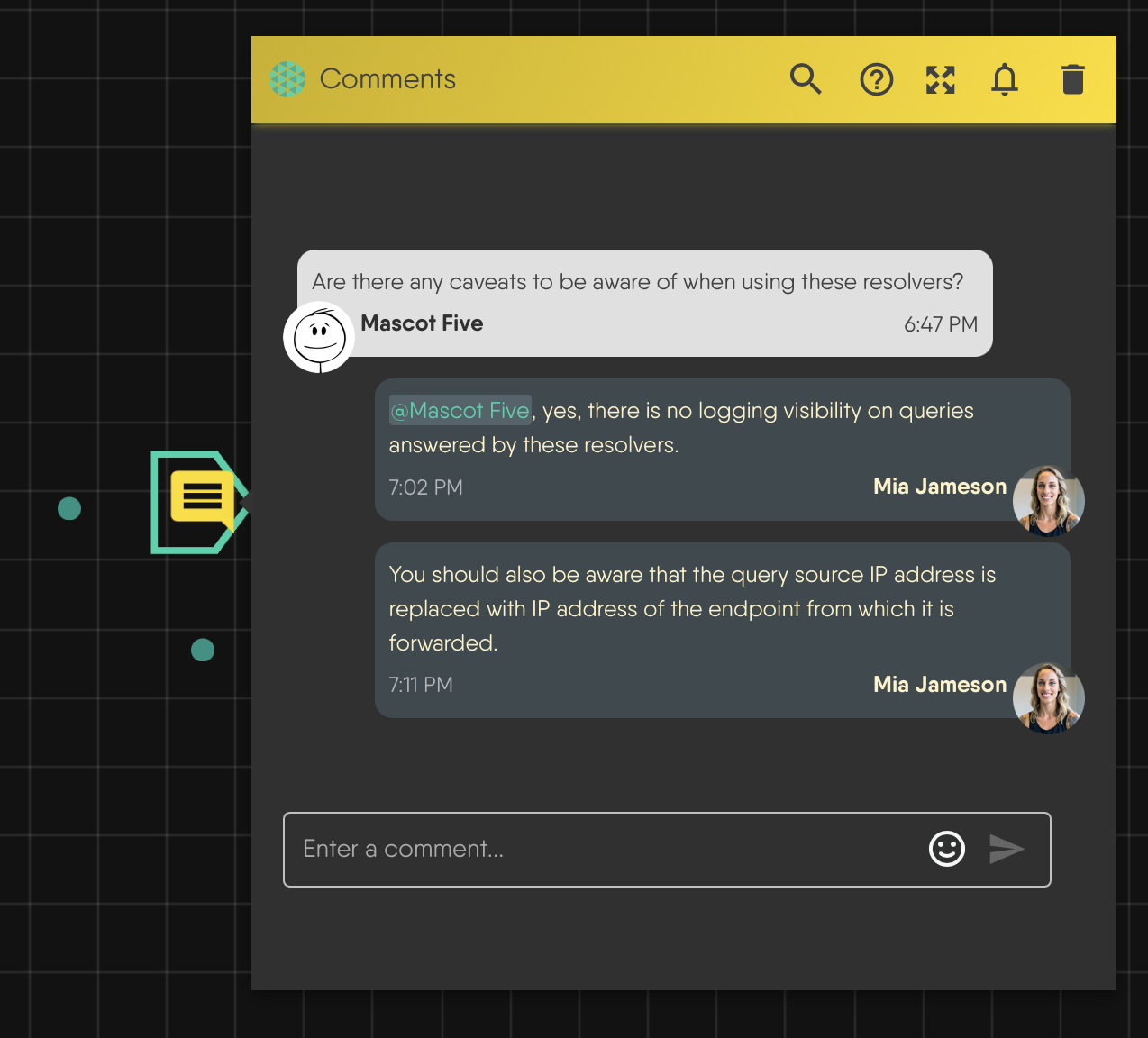 A comment thread on the Designer canvas showing several messages from different people