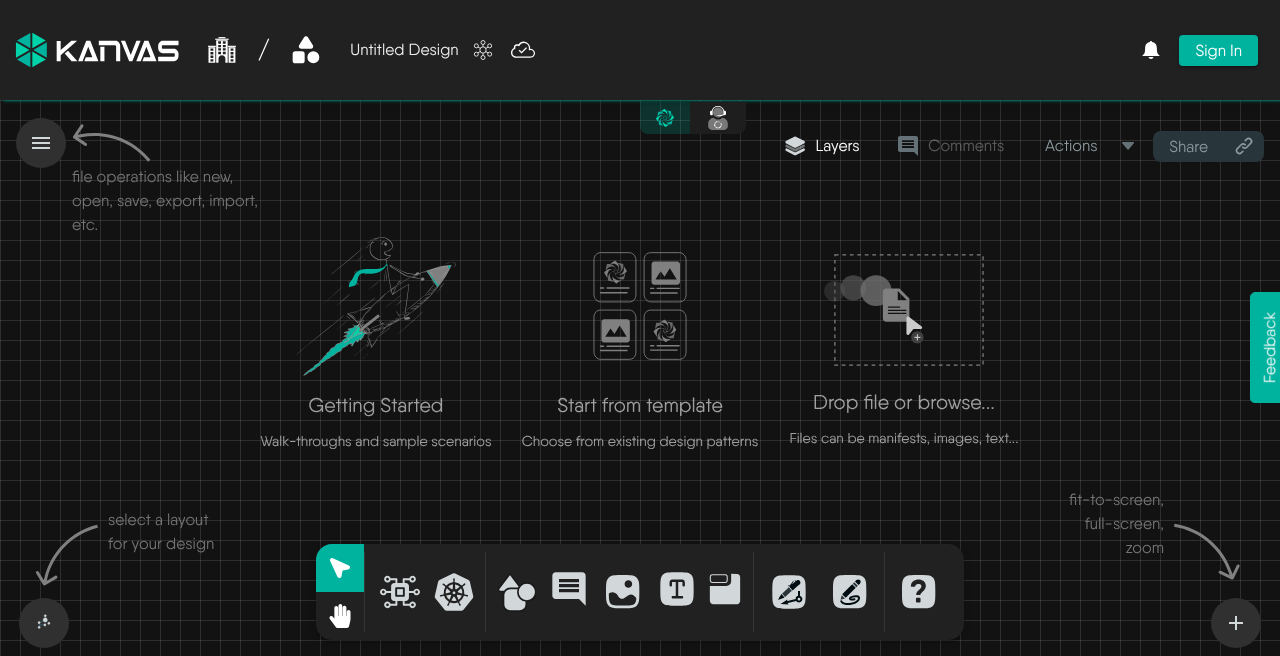 Empty design canvas with a callout pointing to the layout control in the bottom-left corner