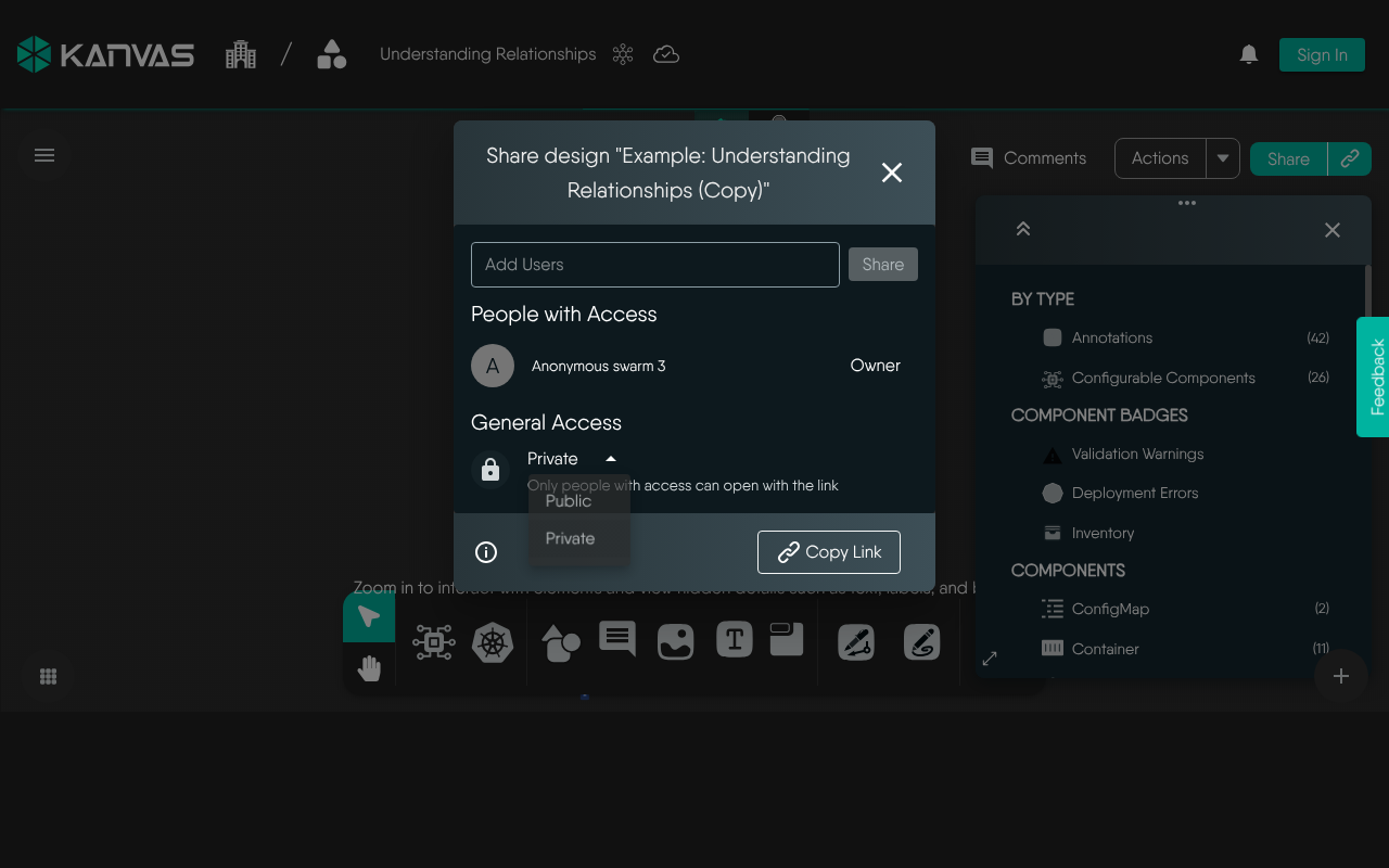 Kanvas Designer Share modal showing Add Users, People with Access, Private/Public, and Copy Link