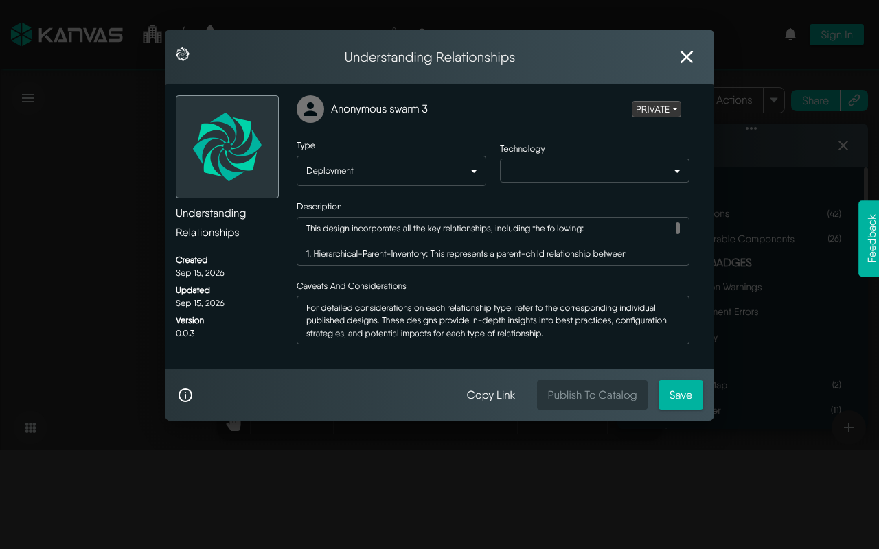 Kanvas Designer Details dialog with Publish to Catalog action